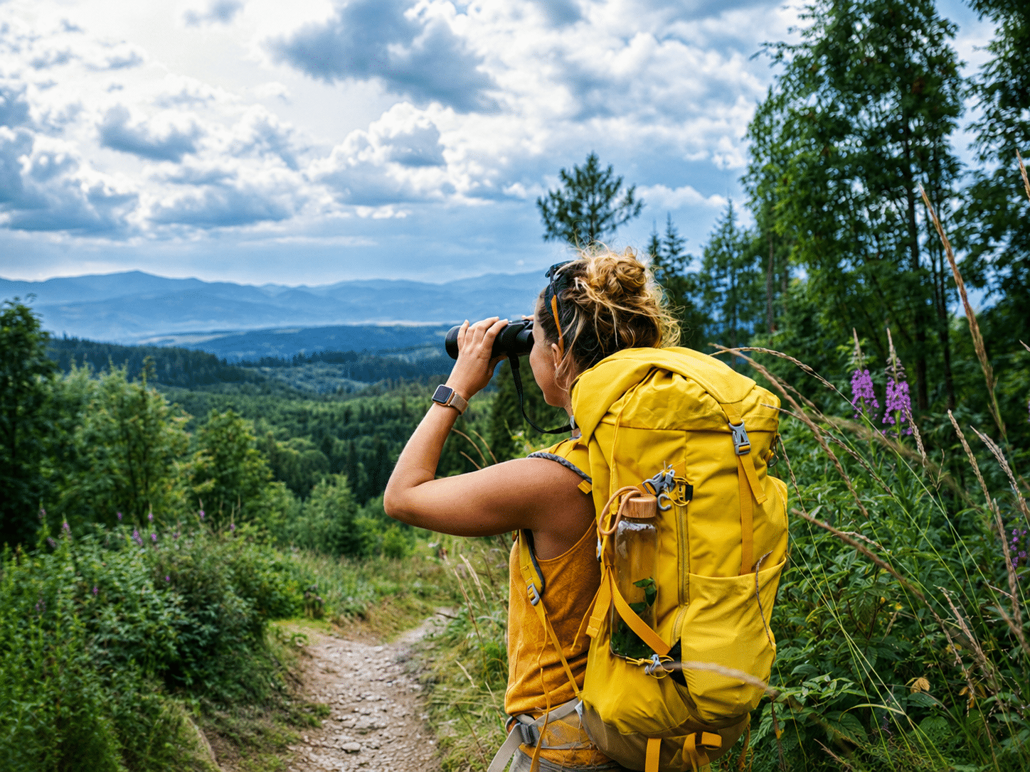 Femme qui fait de la randonnée bivouac nature